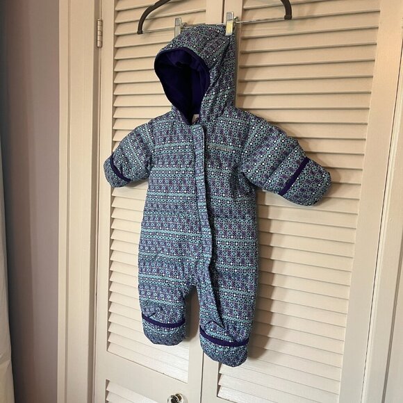 Columbia Snuggly Bunny Bunting baby snowsuit 3-6 months down hooded teal purple - Picture 2 of 14